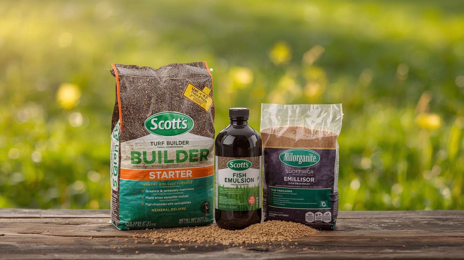 Grass seed fertilizer products, including Scotts Starter and Milorganite, on a wooden table with a new lawn in the background.
