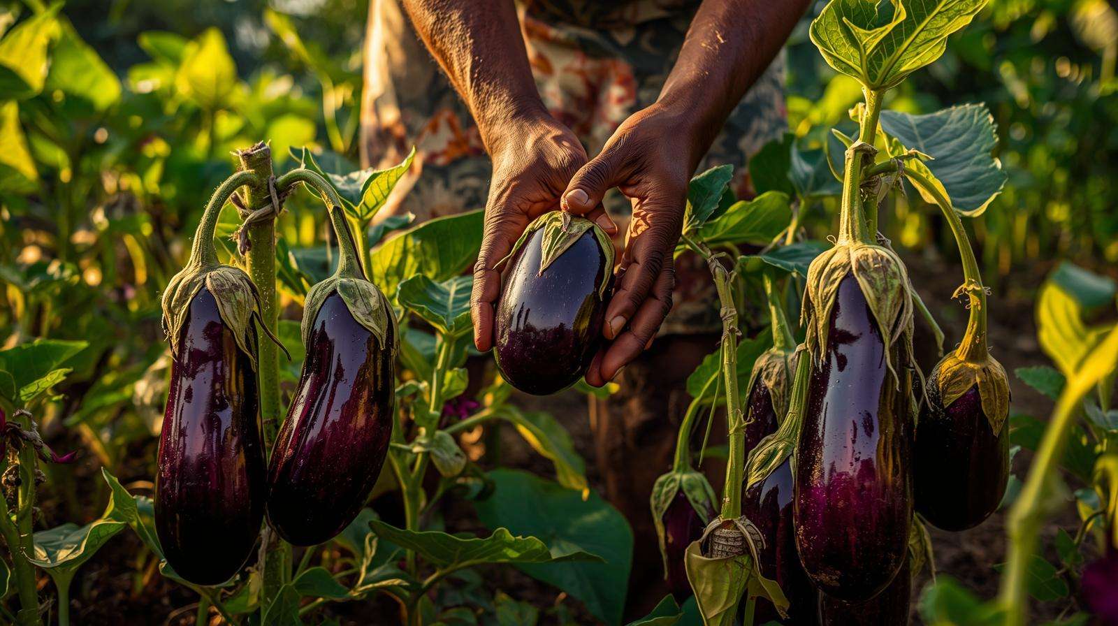 Farmer handling glossy eggplant in a vibrant Haitian garden, showcasing Haitian vegetables with lush plants and tropical foliage.