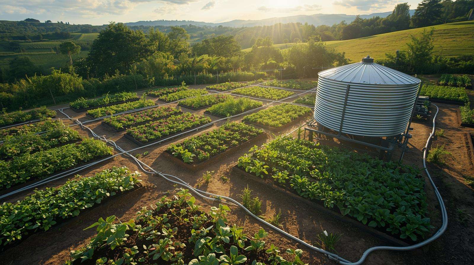 Aerial view of a permaculture nursery with drip irrigation and mulched beds