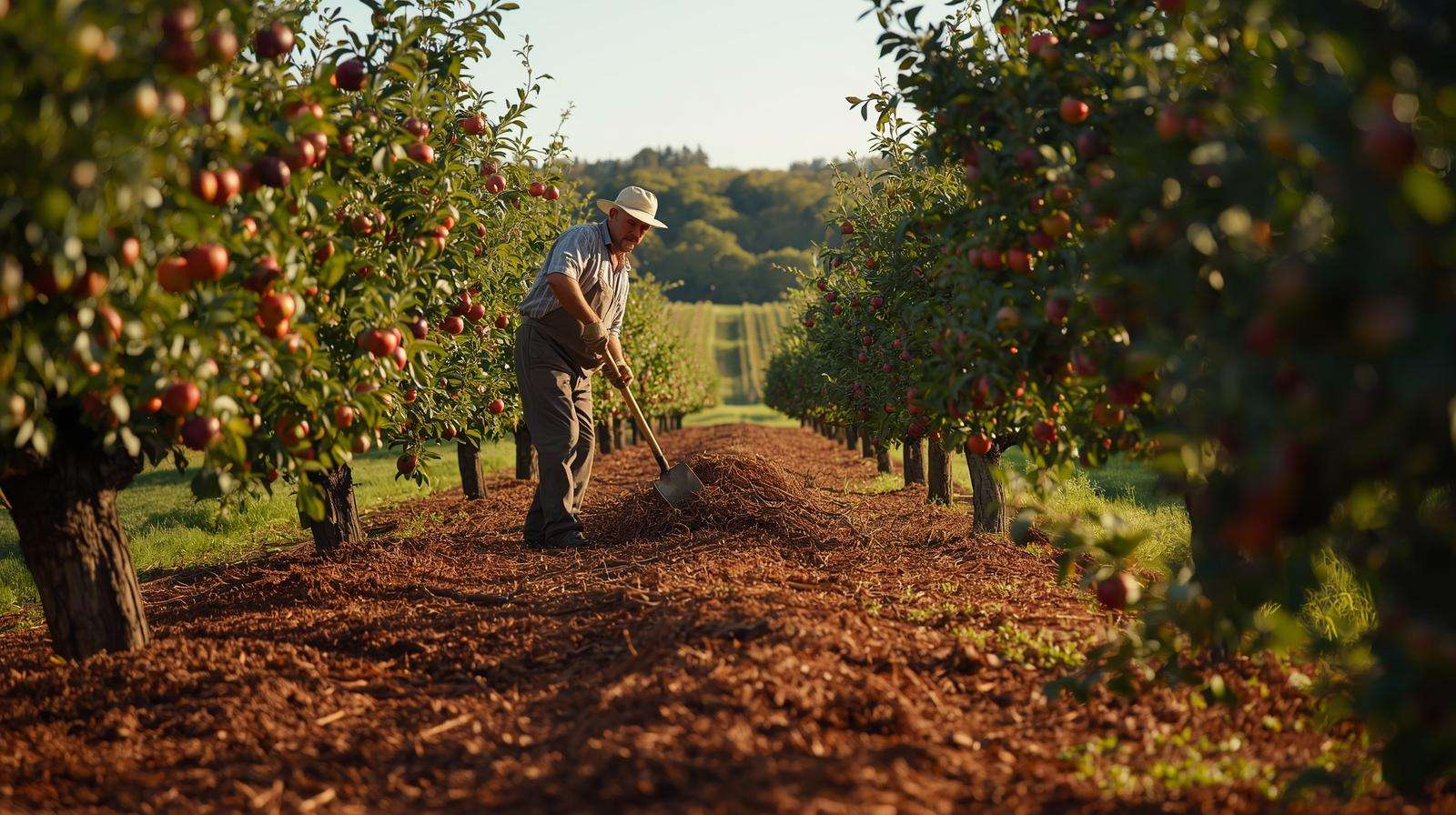 Farmer applying cedar mulch around fruit trees with ripe apples in an organic orchard