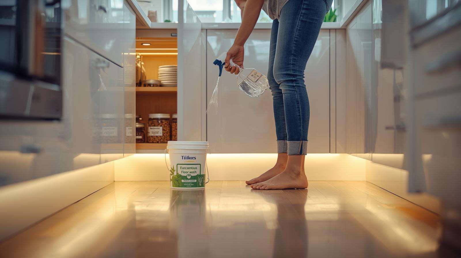 Applying natural spider repellent spray in clean kitchen baseboards and pantry