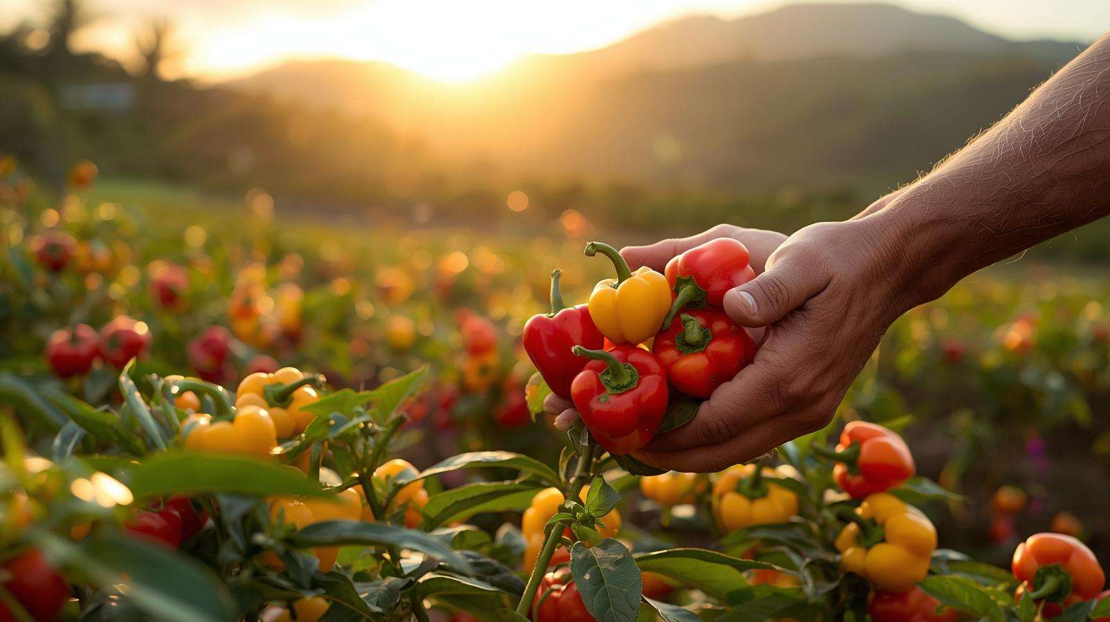 Farmer inspecting red and yellow bell peppers in a tropical garden, showcasing cream cheese vegetables for vibrant homemade vegetable spreads.