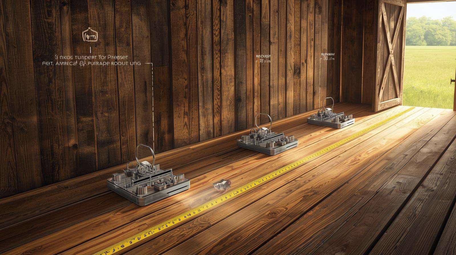 Proper mouse trap placement 18 inches from barn wall with pre-baiting and armed examples