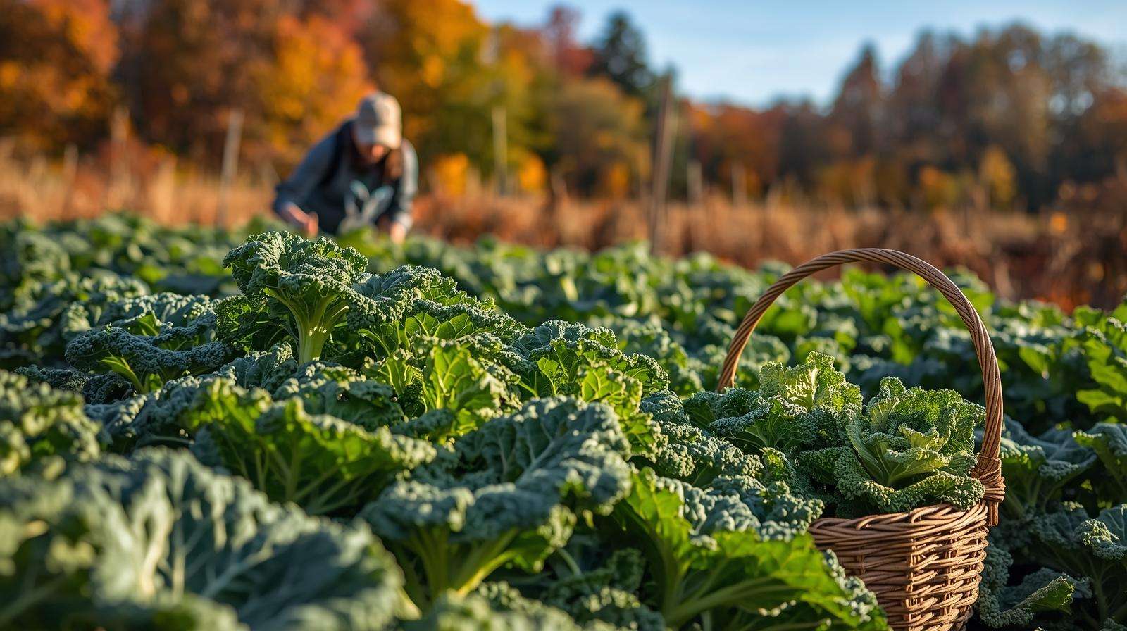 Gardener harvesting ‘Winterbor’ kale in a fall garden, showcasing crop growing seasons for robust food crop cultivation.