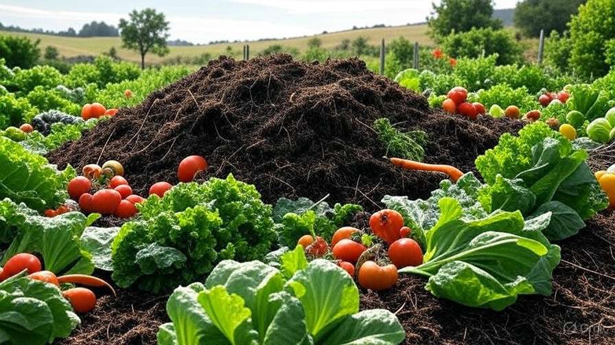 Organic farm scene with a compost pile in decomposition showing rich dark soil and leaf mold, surrounded by a lush garden with organic vegetables, natural daylight, no text, 16:9 aspect ratio.