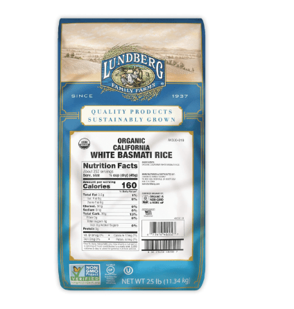 Lundberg Family Farms - Organic California White Basmati Rice, Pleasant Aroma, Fluffy Texture, Won't Clump When Cooked, Bulk Rice, Gluten-Free, Non-GMO, USDA Certified Organic, Vegan, Kosher (25 lb