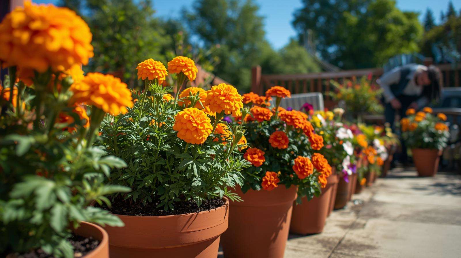 Vibrant marigolds and petunias in pots with Pro Mix Soil, showcasing soil mix for plants in a colorful potting mix gardening display.