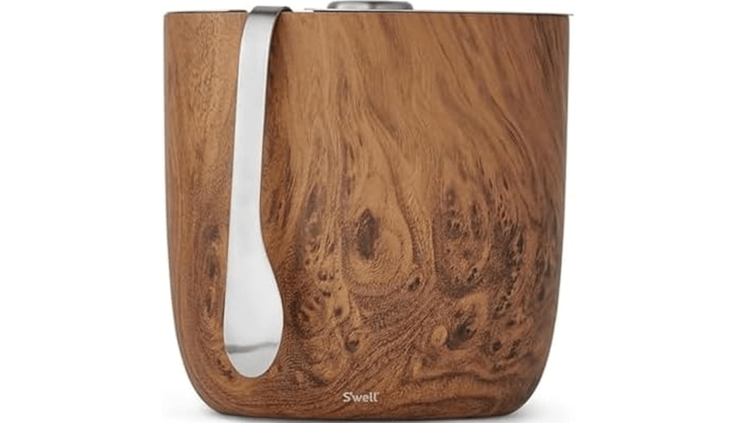 S’well Stainless Steel Ice Bucket with Tongs, 68oz Capacity, Teakwood Finish, Triple-Layer Vacuum Insulated to Keep Ice Colder Longer, BPA-Free Barware 