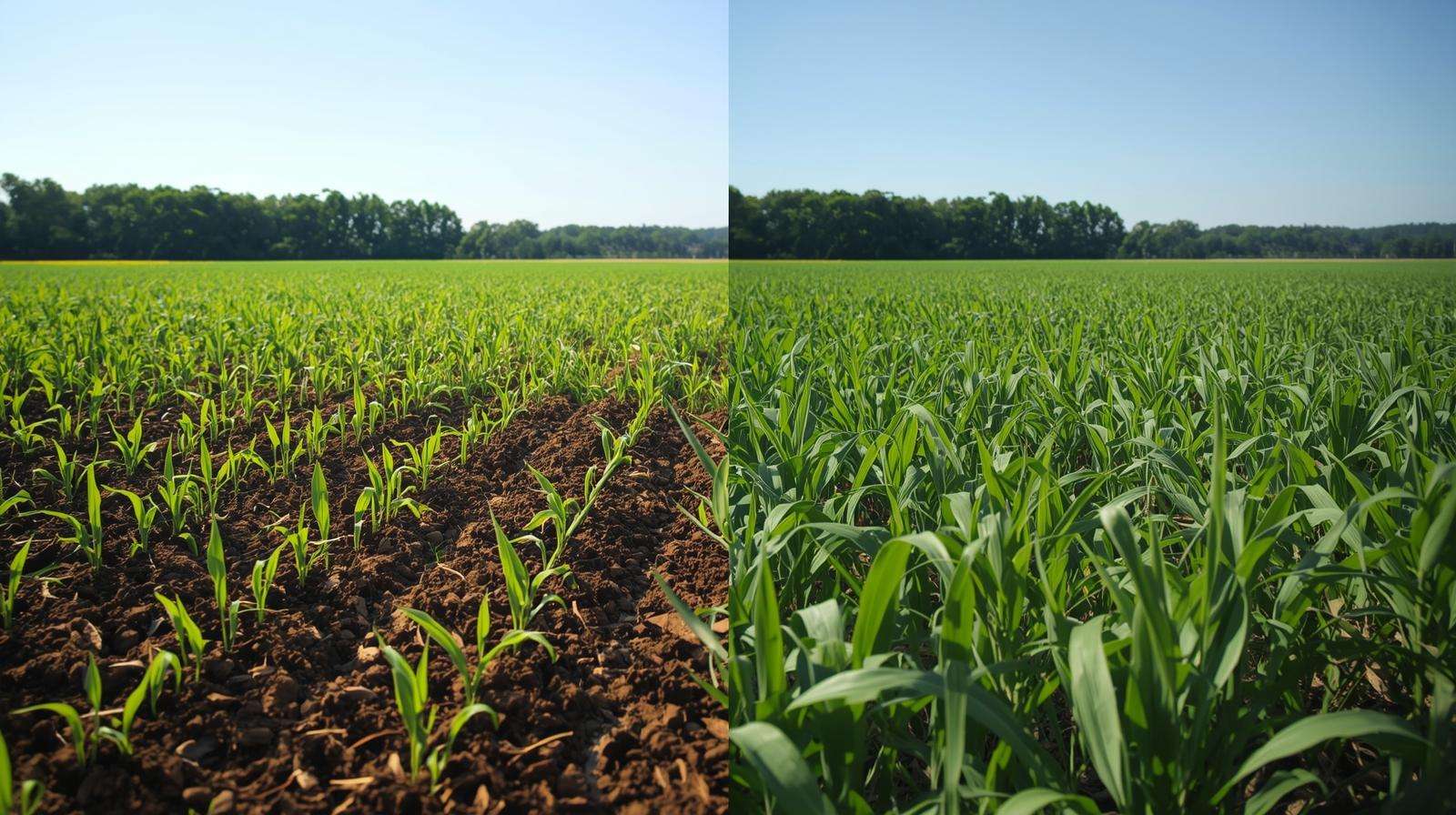 Comparison of Penn Mulch field vs. unmulched field showing weed control.