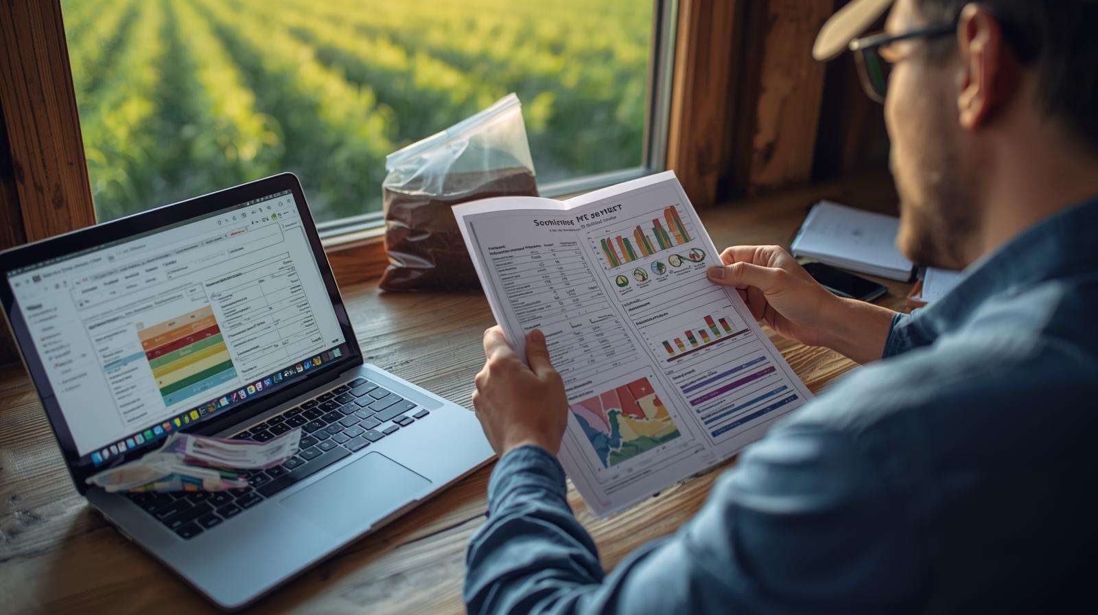 Farmer analyzing a soil test report with nutrient data to profile soil and improve farm yields.