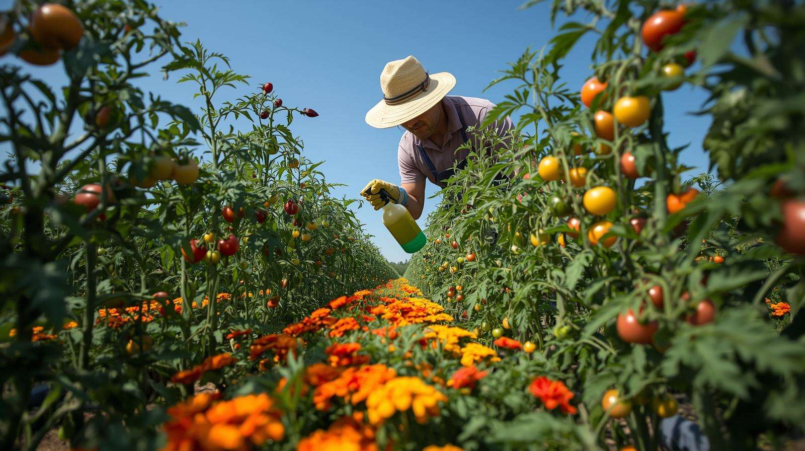 Gardener using organic pest control with ladybugs in a rainbow tomato garden, showcasing sustainable care for colorful tomato varieties.