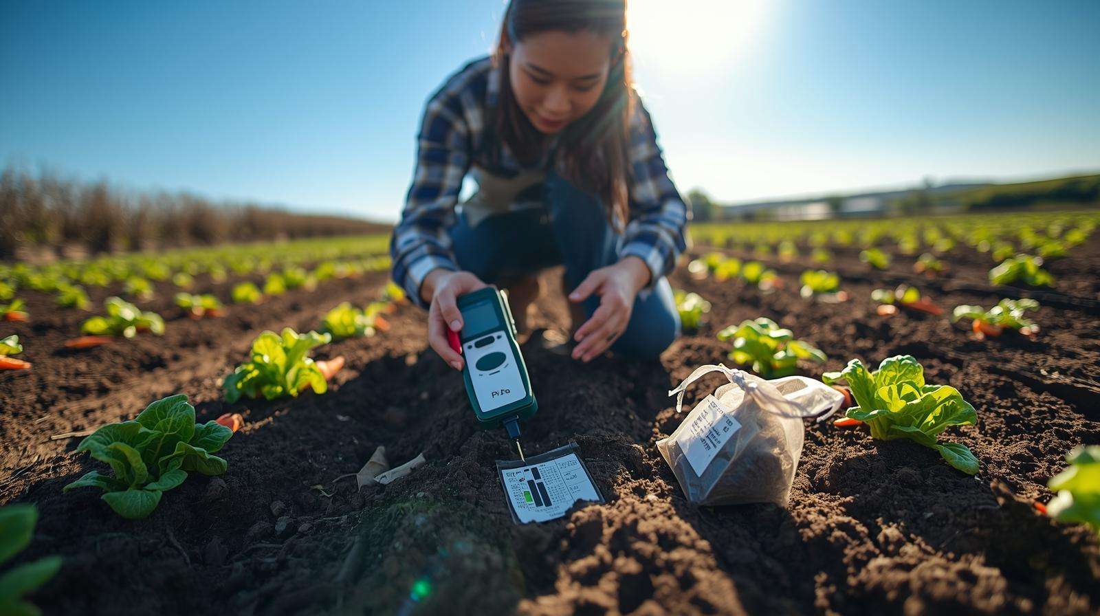 Farmer testing soil with a kit to evaluate top soil delivery quality, ensuring optimal nutrient levels for farming.