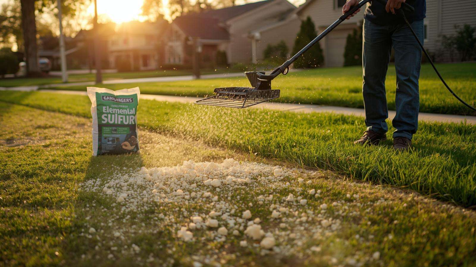 Gardener applying sulfur to fix lawn if soil is too alkaline for grass, using a spreader for even distribution.