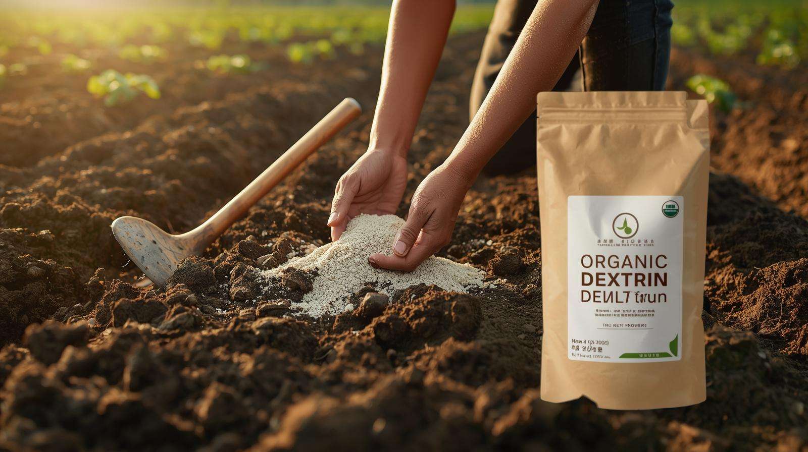 Farmer applying organic resistant tapioca dextrin to soil in a field, demonstrating practical soil amendment techniques for sustainable farming.