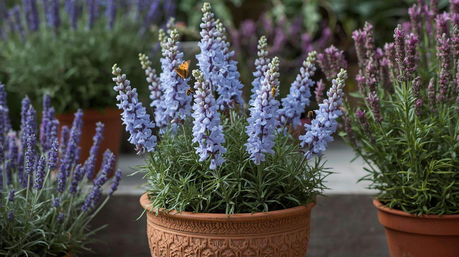 A Buzz Sky Blue dwarf butterfly bush variety in a pot attracts pollinators in a small urban farm garden with lavender and salvia.