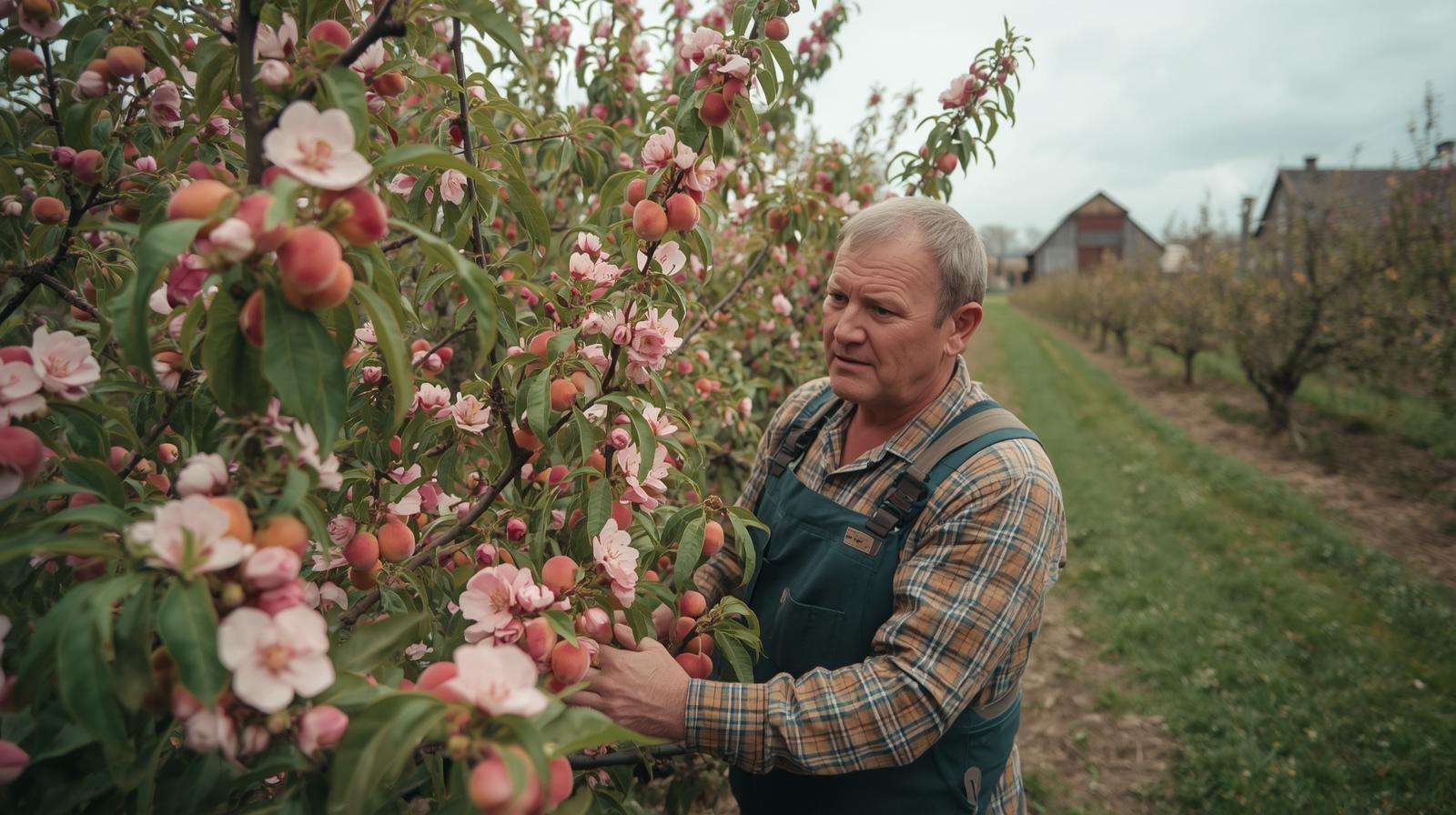 A farmer inspects a Redhaven flowering peach variety with pink blossoms and fruit in a productive orchard setting.