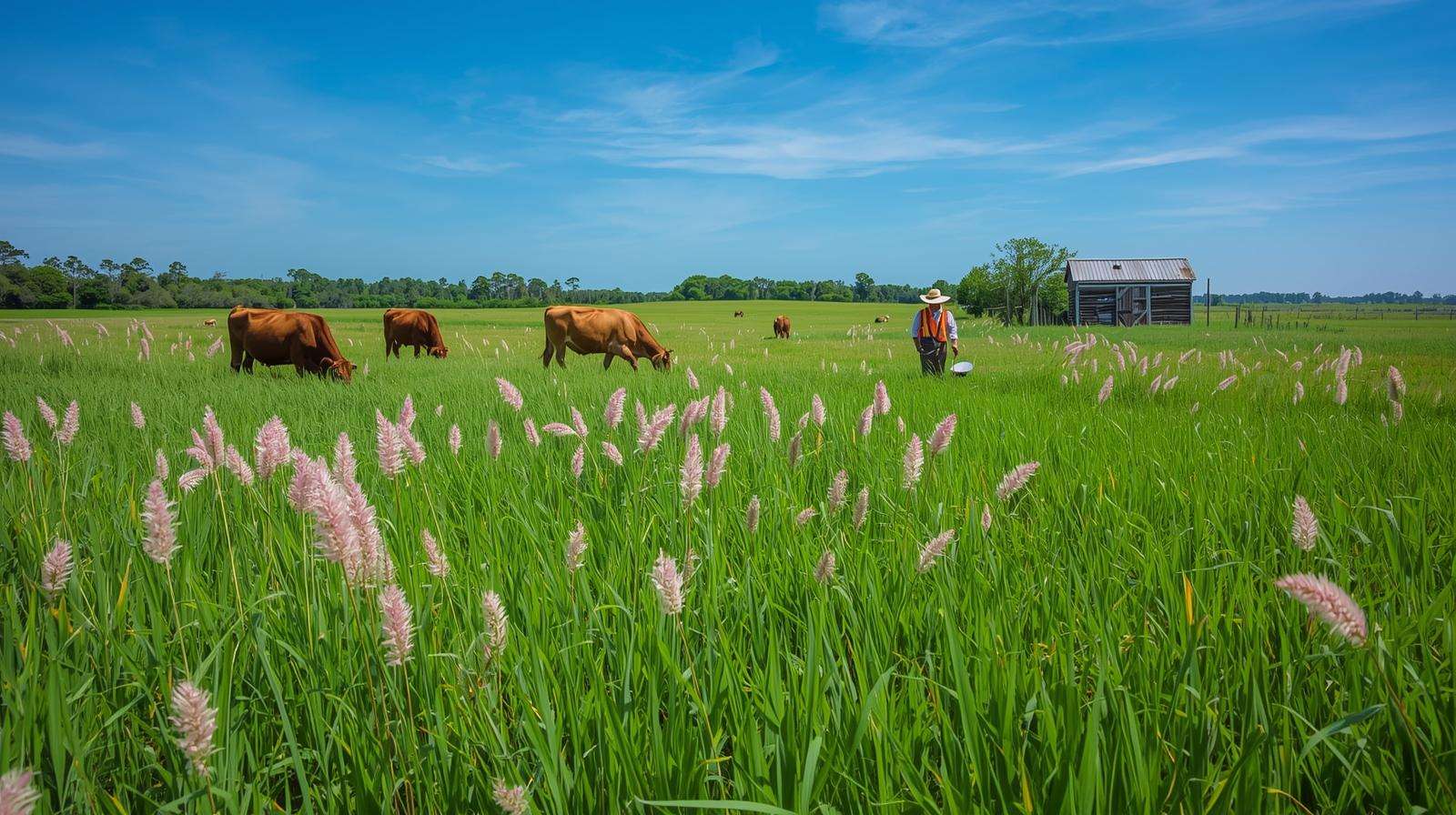 Cattle graze on a Bermudagrass pasture with Florida grass varieties, featuring a farmer and muhly grass in a scenic Florida farm.