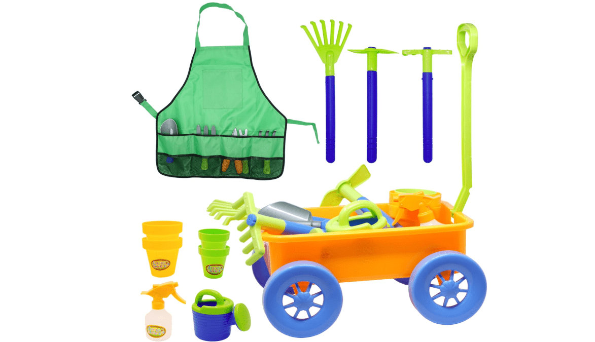 4E's Novelty 15 Piece Gardening Tools & Wagon Toy Set with Plastic Wheelbarrow, Apron, STEM Pretend Play Outdoor Toy for Toddlers Kids Boys Girls
