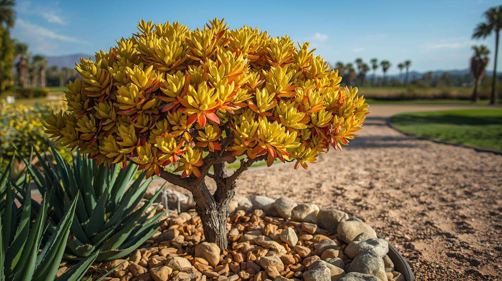 A ‘Hummel’s Sunset’ jade tree variety with golden leaves shines in a rock garden with aloe vera and a sandy farm backdrop.