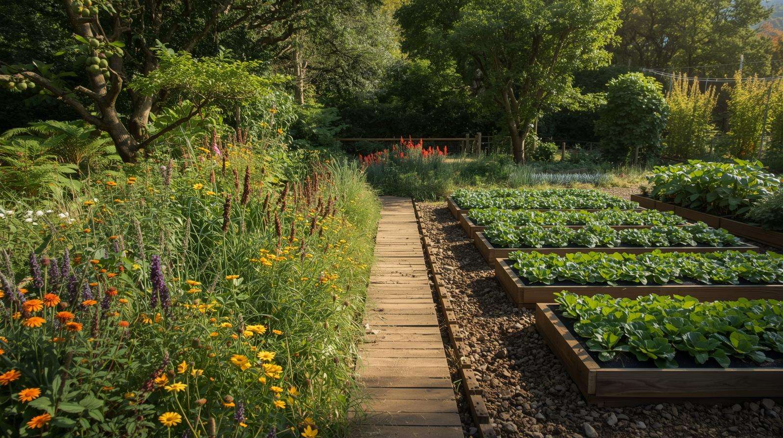 Well-organized horticultural vegetable garden with raised beds and pruning.
