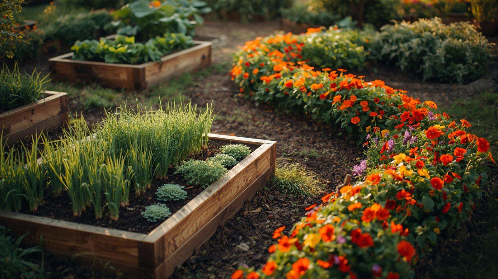 Marigold companion planting with cucumbers and peppers in a permaculture garden.