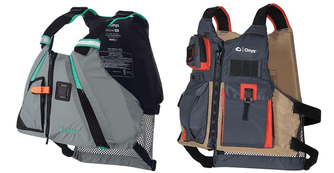 Onyx MoveVent Dynamic Paddle Sports Life Vest, Aqua, XL/2XL and ONYX Kayak Fishing Life Jacket, Universal, Tan
