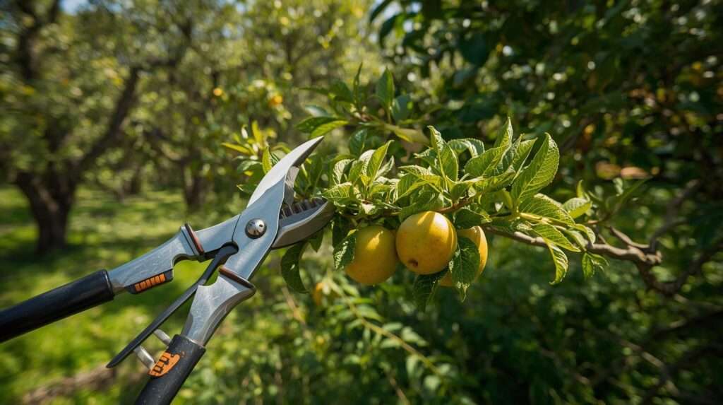 Pruning shears trimming a fruit tree in a permaculture food forest.