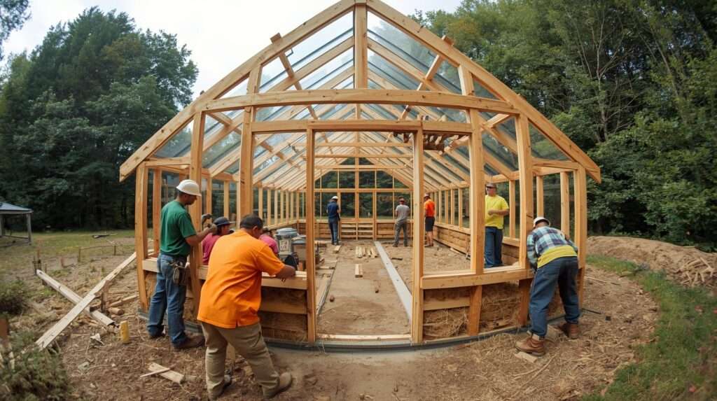 Construction of a permaculture greenhouse with reclaimed wood and straw bales.