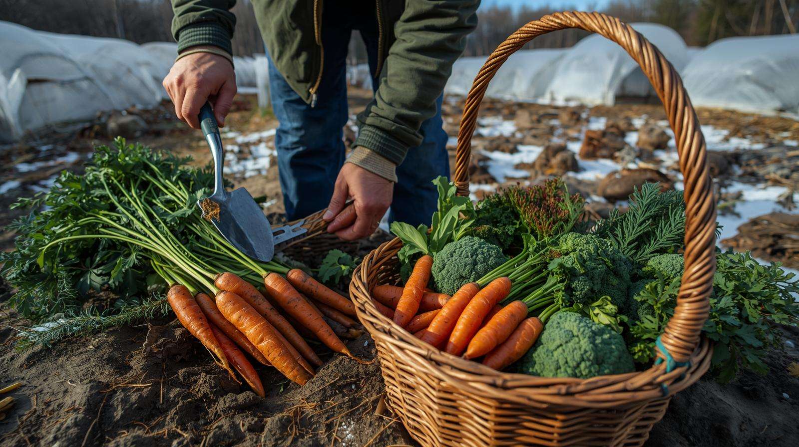 Gardener harvesting carrots and broccoli for a Christmas vegetable tray, showcasing fresh, homegrown produce.