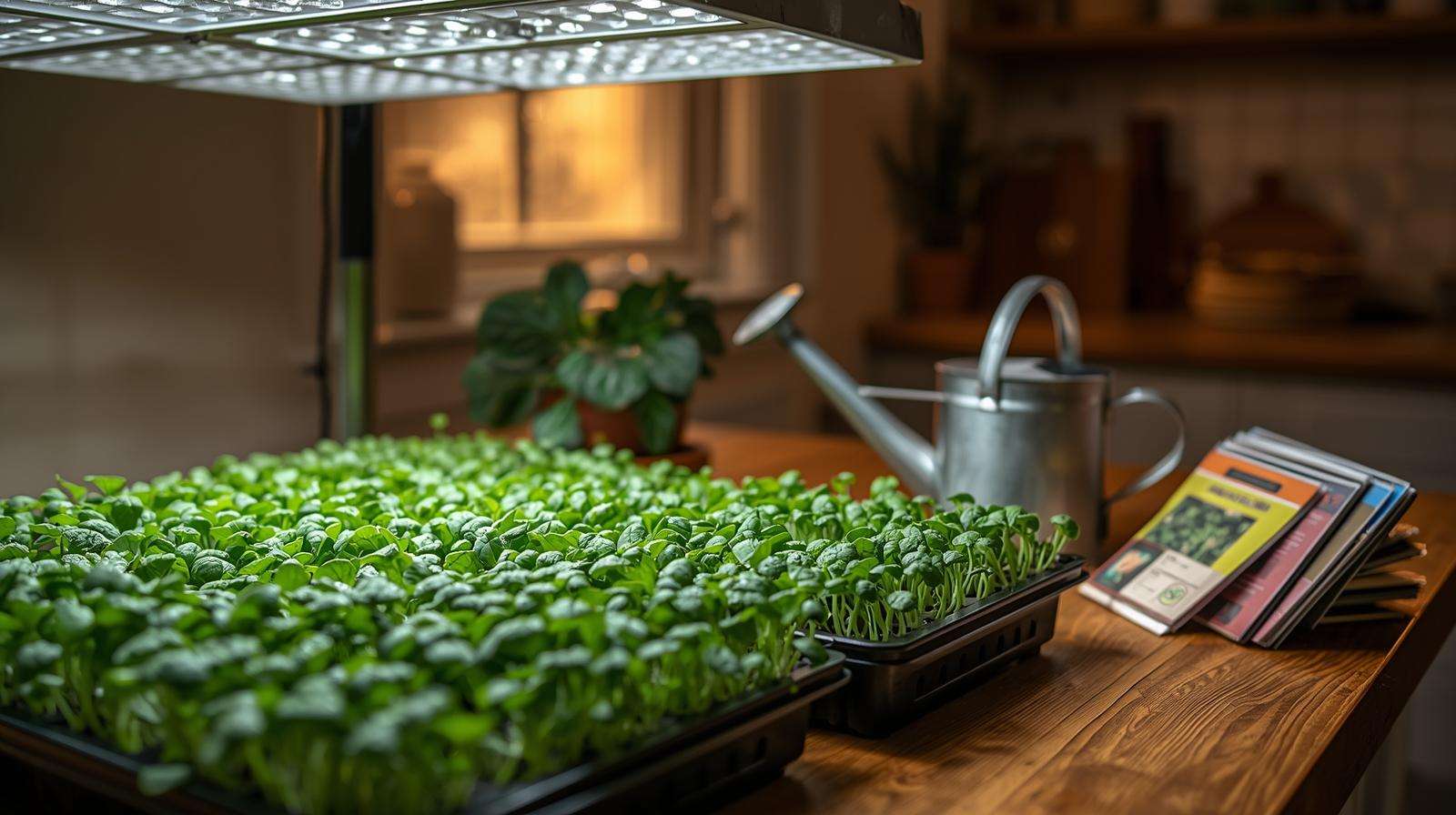 Indoor trays of quick growing vegetables like microgreens under grow lights, ready for fast harvests.