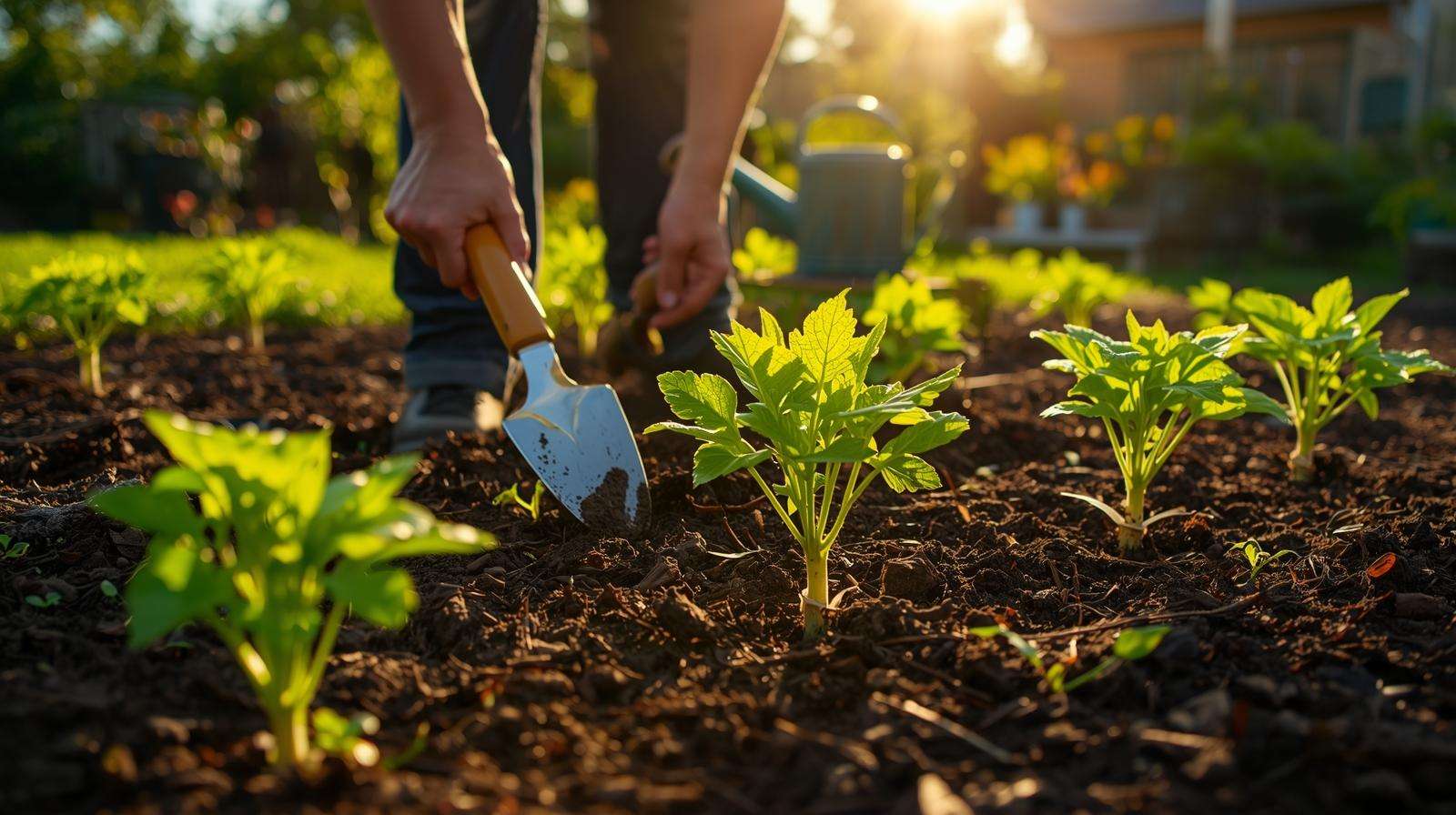 Gardener planting courgette seedlings, illustrating care for what are courgettes vegetables in a vibrant garden.
