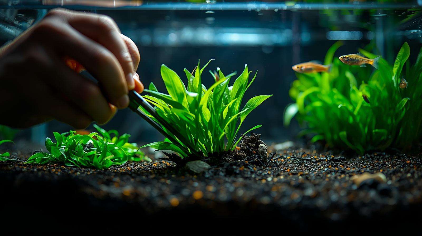 Aquarist planting Cryptocoryne in aquatic soil for fish tanks for a thriving aquarium.
