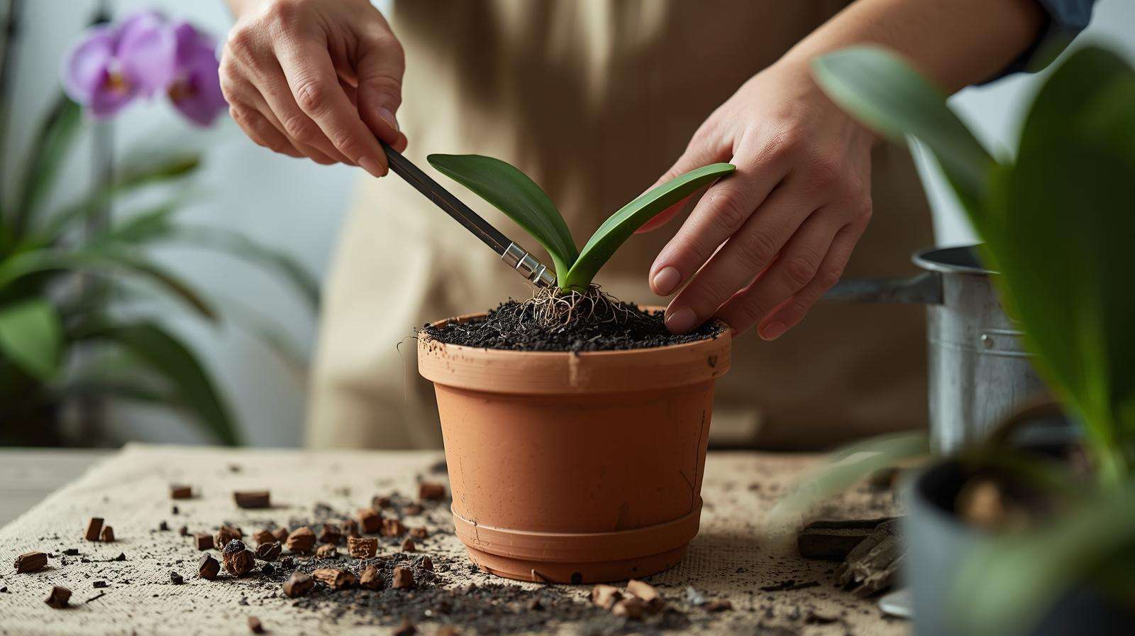 Gardener repotting orchid with orchid soils for healthy root growth.