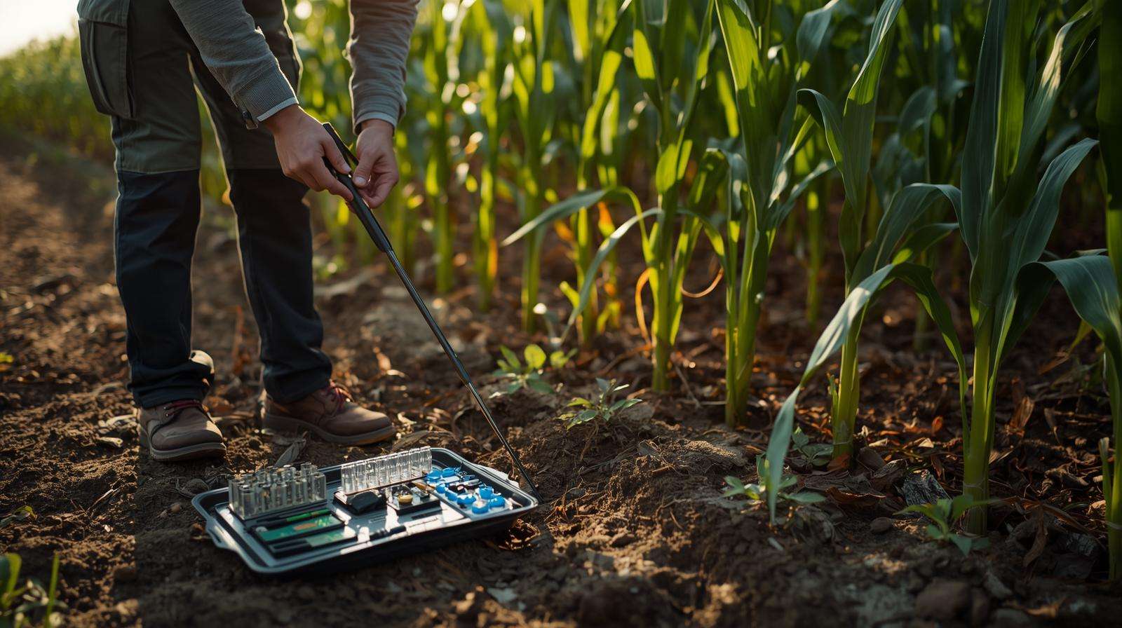 Agronomist testing soil for soil enhancer planning in a cornfield.