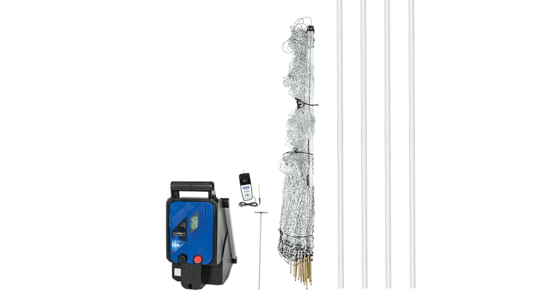 Premier 1 VersaNet® Plus, 60"H x 100'L Electric Garden Fence Starter Kit | 2" Strand Spacing at Bottom Keeps Varmints Out | Includes: Solar Energizer, FiberRod Support Posts and Tester | White/Black