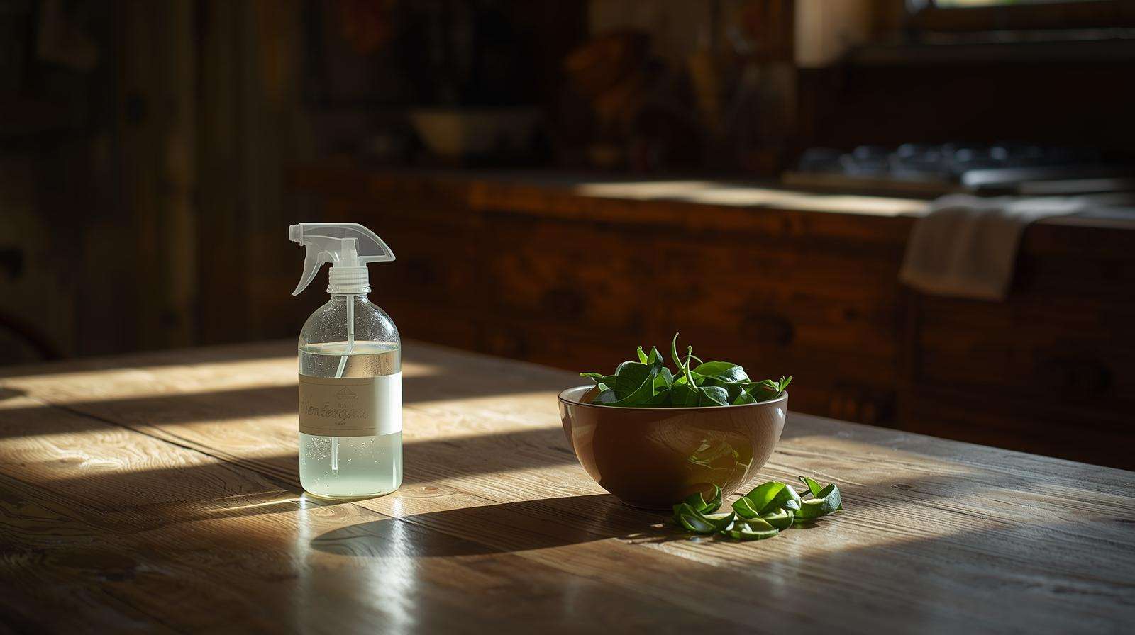 Homemade vinegar spray and cucumber peels on a table for natural roach repellent.