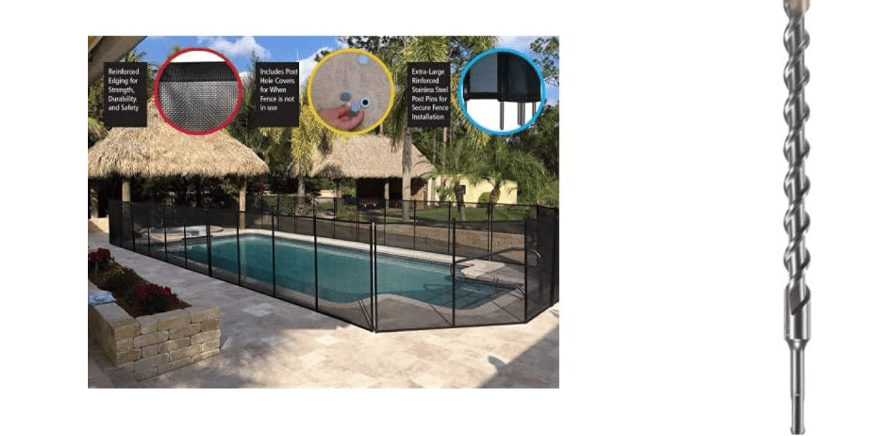 WaterWarden WWF200 4’ x 12, Black – Removeable Outdoor Child Safety Inground, Easy DIY Installation with Hardware 4 Foot Pool Fence & Bosch HC2104 5/8 in. x 12 in. SDS-Plus Bulldog Rotary Hammer Bit