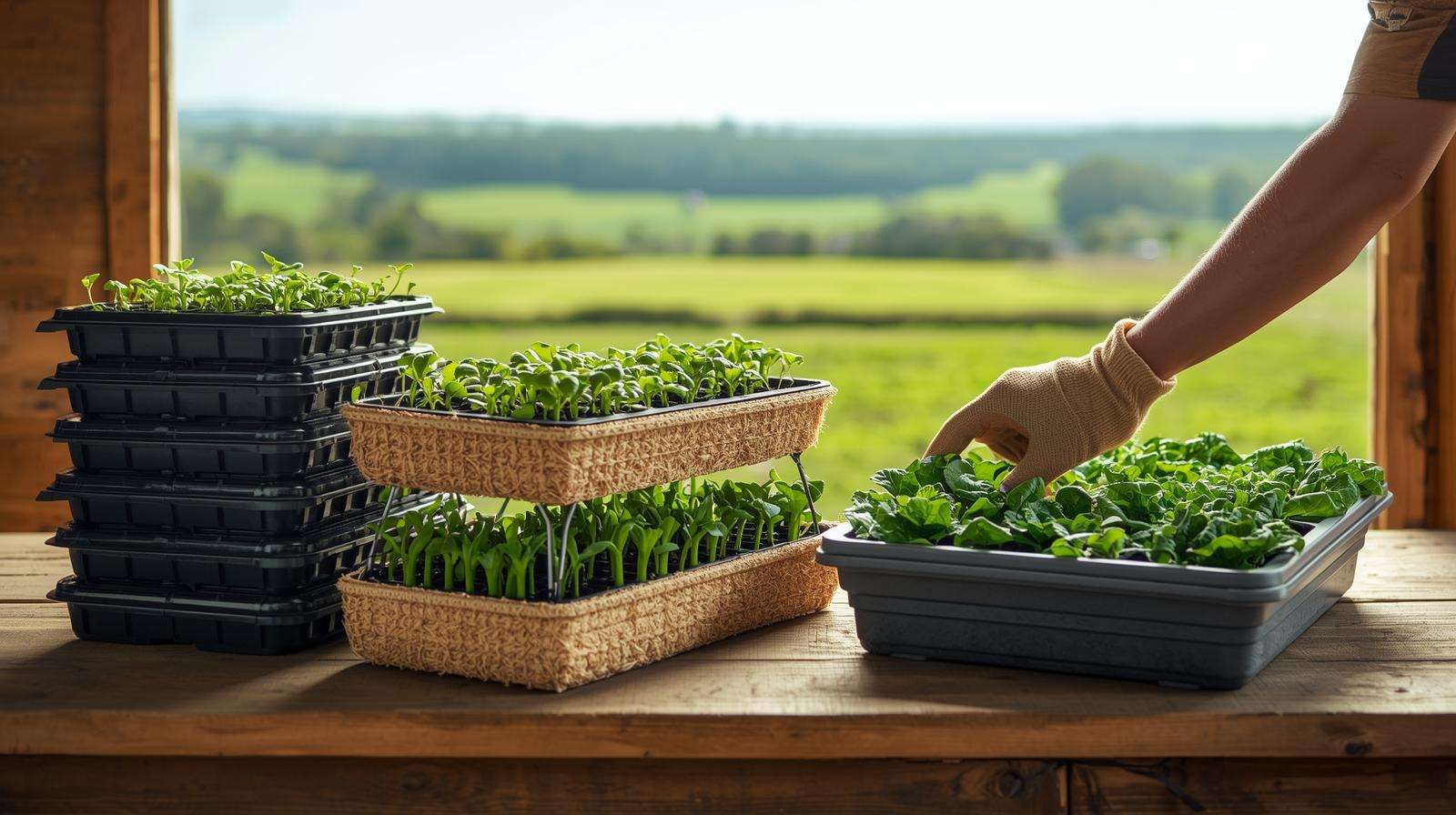 Display of premium and eco-friendly trays for vegetables, including plastic, biodegradable, and hydroponic trays with pepper and kale seedlings, on a farm shed table with a scenic field background.
