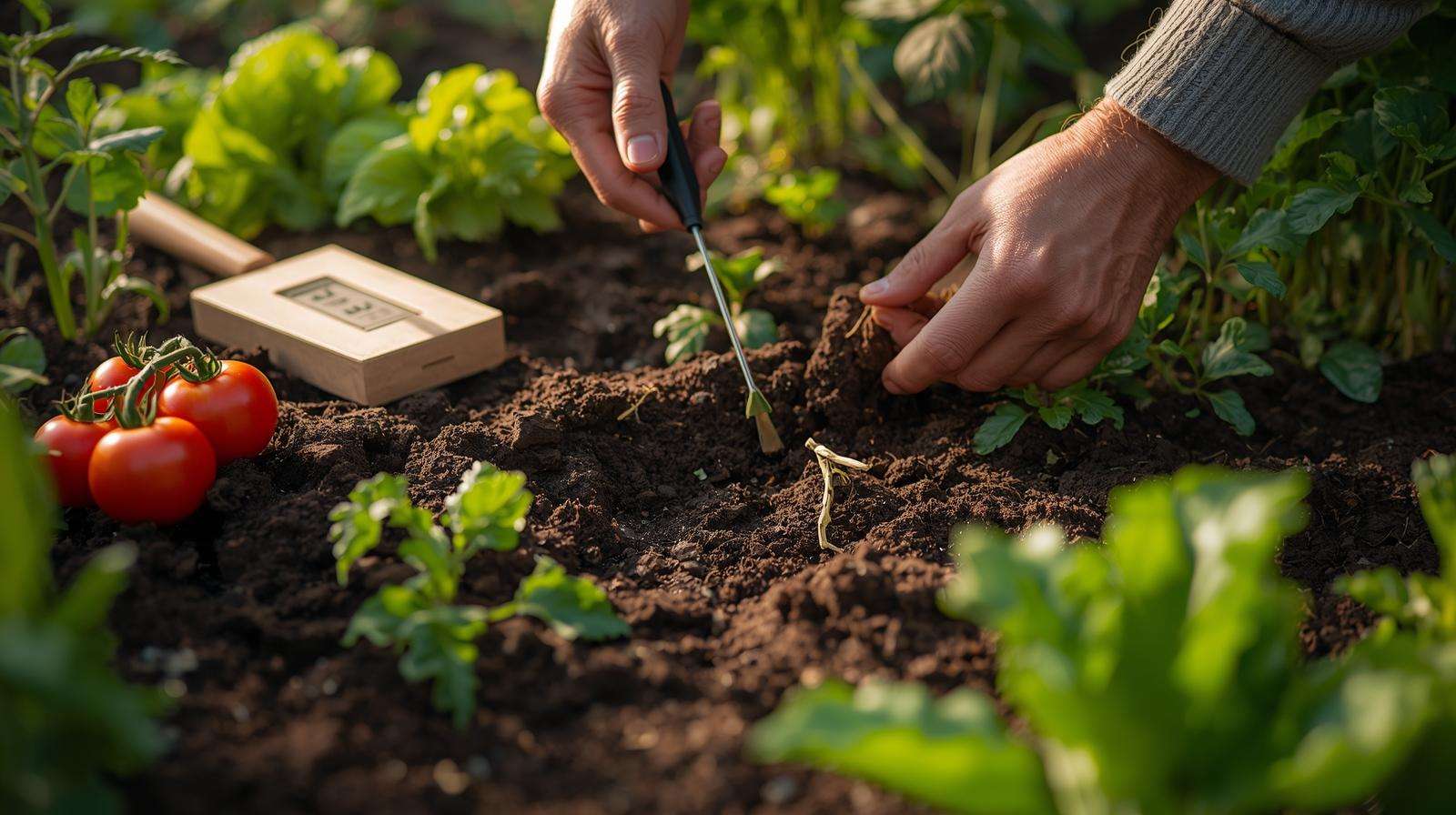 Expert gardener testing soil pH in a vegetable garden to optimize crop yield.