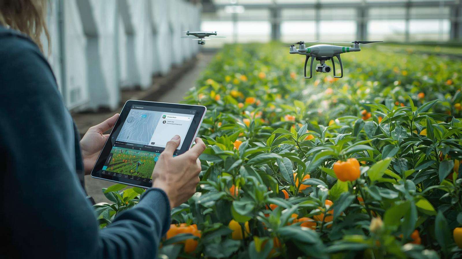 Farmer using a tablet with drone imagery and a precision sprayer in a greenhouse, with pheromone traps and healthy peppers, illustrating modern prime pest control technologies.