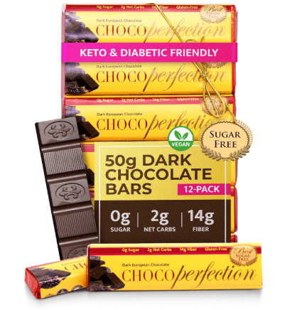 ChocoPerfection Sugar Free Dark Chocolate Bars - Keto-Friendly, Gluten-Free and Vegan - No Maltitol and Fiber-Rich with Low Glycemic & Low Carb Snacks - European Taste - Box of 12 Bars (50g each)