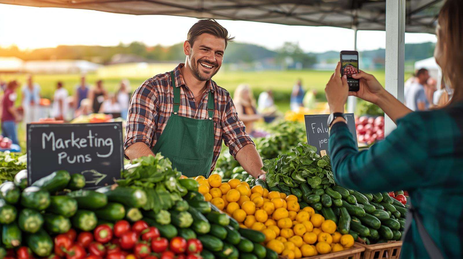 Lively farmers’ market stall with zucchini and spinach, with a farmer and customer engaging, highlighting vegetable puns in a vibrant, sunny market setting.
