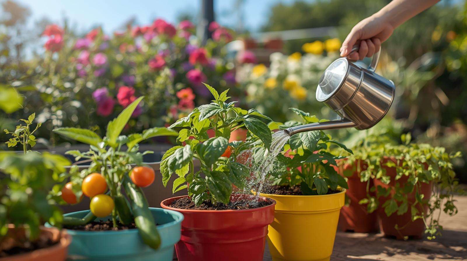 Gardener adding compost to a raised bed with carrots and clover cover crops, building a good soil community in a vibrant, sunlit farm setting.