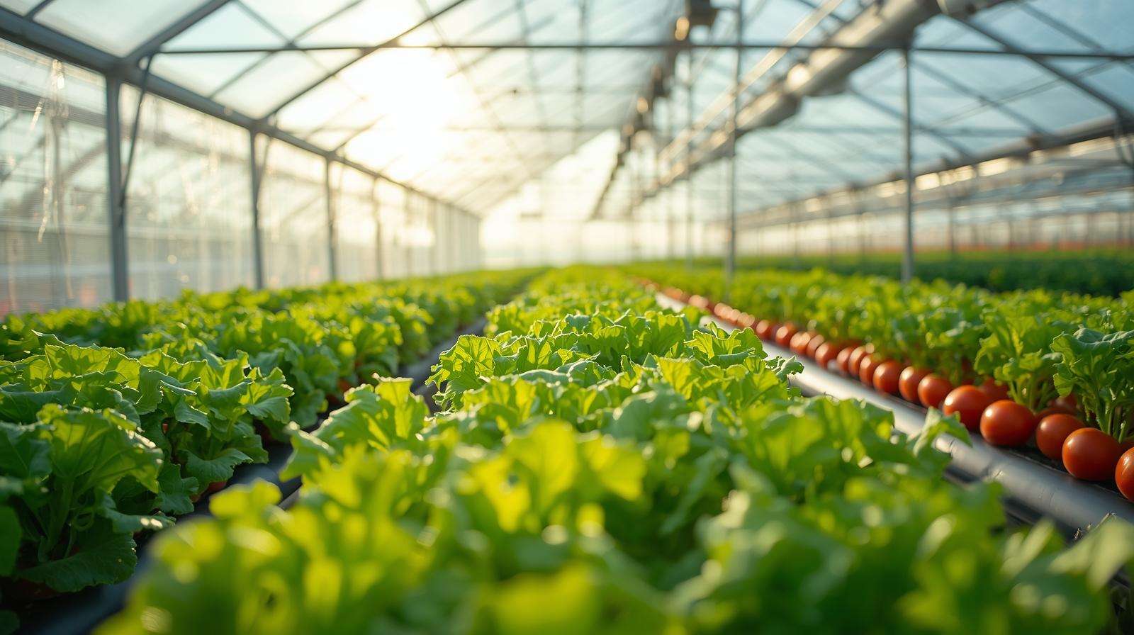 Lush crops thriving inside a greenhouse sheeting polycarbonate structure with diffused light for optimal growth.