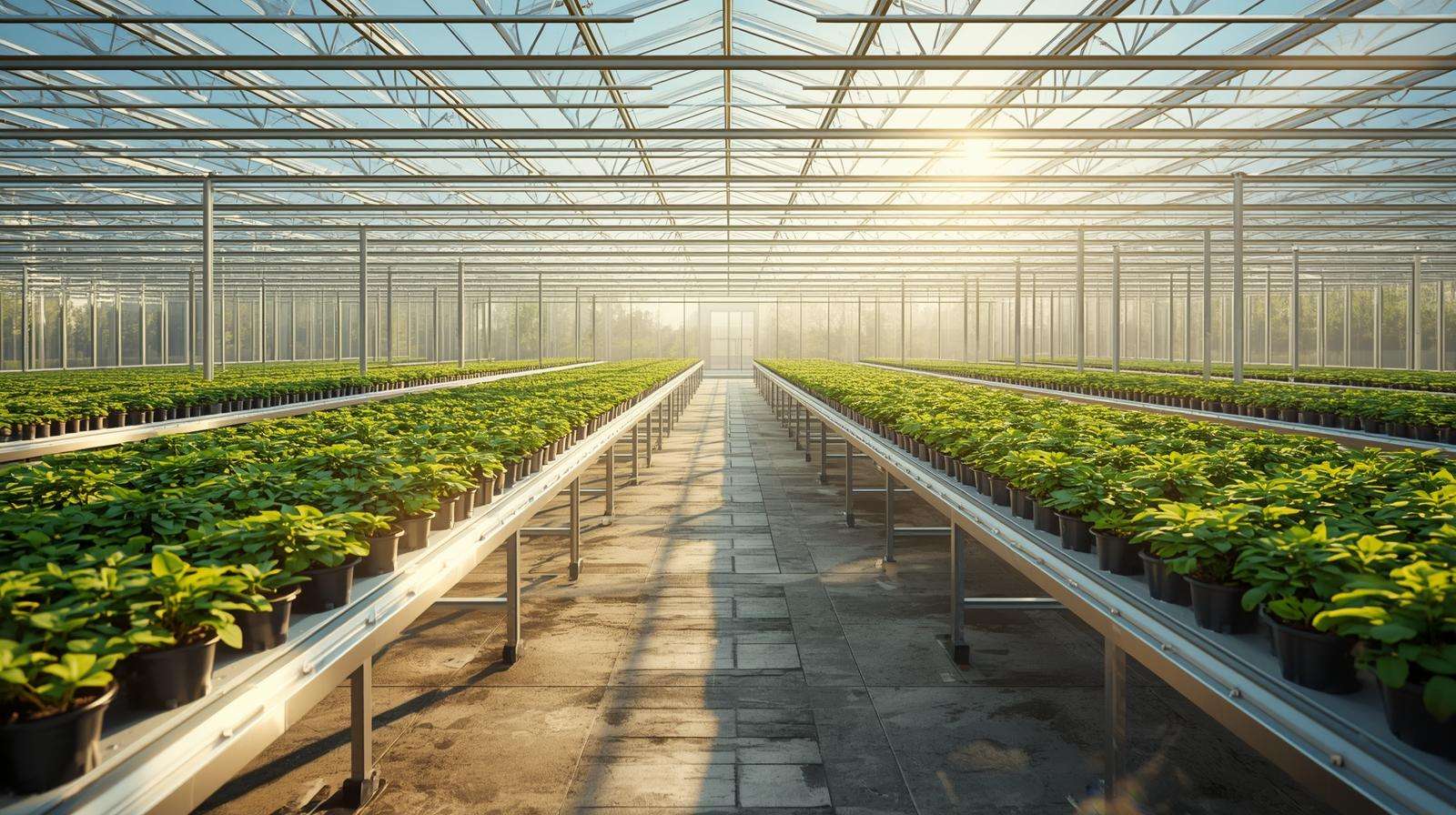 Aluminum greenhouse benches in a well-organized greenhouse, supporting healthy plants with clear walkways and natural light.