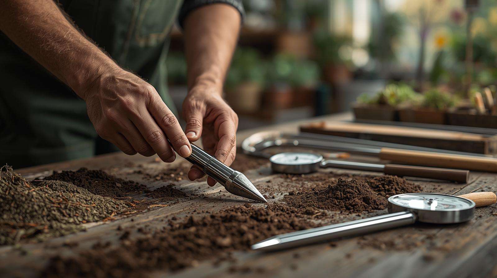 ardener choosing a soil sample probe with soil samples in a garden store, highlighting equipment selection for soil testing.