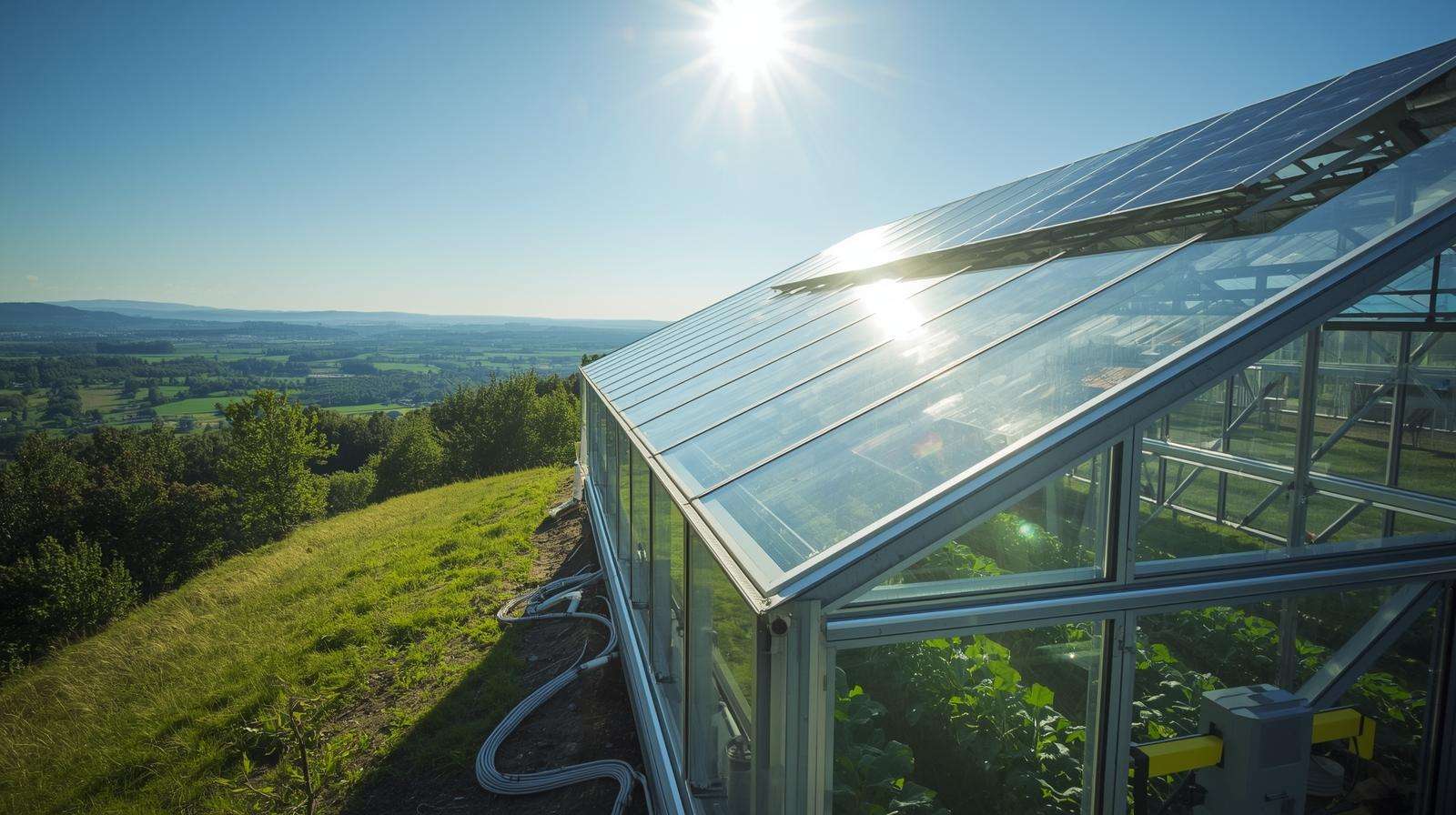 Hilltop greenhouse with solar panels on the roof, powering sustainable crop production on a sunny hillside.