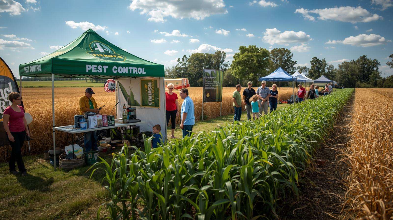 Rural field day with pest control advertising booth, demo plots, radio, and co-op engagement, building local farmer trust.