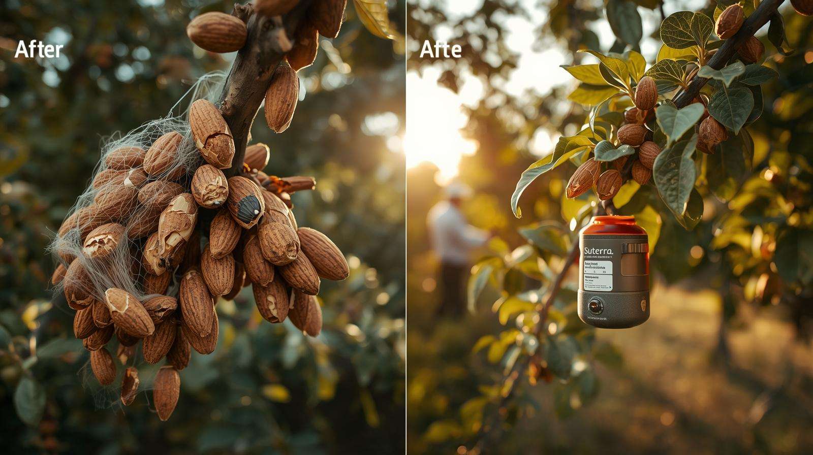 Split almond branch showing pest damage vs. clean harvest with mating disruption dispenser, proving best tools for pest management in orchards.