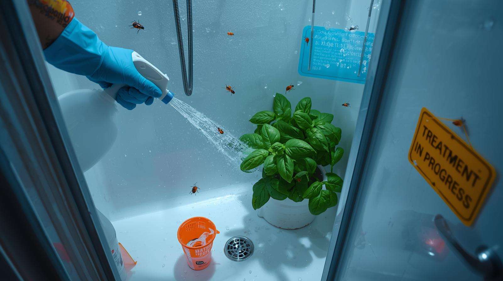 Grower using soap spray and releasing ladybugs in shower stall with sticky trap, showcasing safe indoor apartment pest control methods.